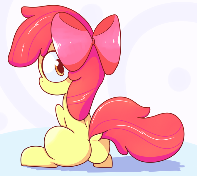 Size: 1280x1145 | Tagged: safe, artist:mr-degration, derpibooru import, apple bloom, earth pony, pony, abstract background, bloom butt, bow, butt, dock, female, filly, foal, hair bow, looking at you, looking back, looking back at you, plot, sitting, solo