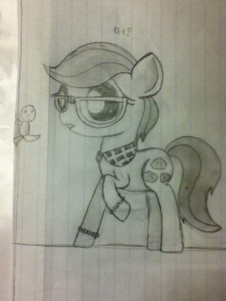 Size: 720x960 | Tagged: source needed, safe, artist:thefanficfanpony, derpibooru import, cloudy quartz, earth pony, pony, adoraquartz, bracelet, cute, glasses, grayscale, lined paper, monochrome, solo, traditional art, younger