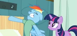 Size: 733x343 | Tagged: safe, derpibooru import, screencap, rainbow dash, twilight sparkle, read it and weep, bed, duo, hospital bed, hospital gown