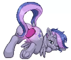 Size: 572x480 | Tagged: suggestive, artist:nauth, derpibooru import, oc, oc:blitzstar, unofficial characters only, pegasus, pony, bedroom eyes, commission, dock, face down ass up, female, looking at you, looking back, pixel art, plot, raised tail, solo, solo female, strategically covered, tail, wink