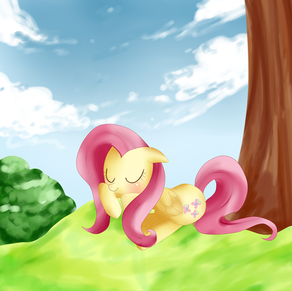 Size: 700x698 | Tagged: artist:haruliina, derpibooru import, fluttershy, prone, safe, sleeping, solo, tree