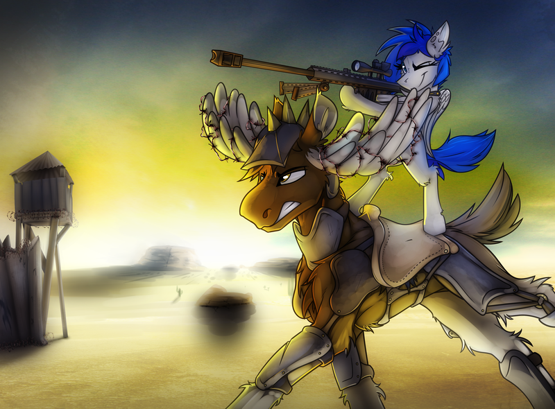 Size: 3482x2570 | Tagged: safe, artist:ralek, derpibooru import, oc, oc:sapphire sights, unofficial characters only, moose, pony, fallout equestria, .50 cal, armor, barbed wire, bipedal, bipod, drive me closer, fluffy, frown, glare, gritted teeth, gun, hoof hold, m82a3, no trigger discipline, one eye closed, ponies riding ponies, rifle, running, saddle, scope, size difference, smirk, sniper, sniper rifle, tack, wasteland, weapon, wing hands, wink