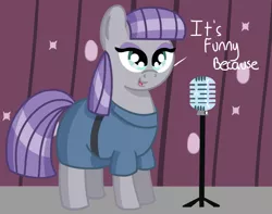 Size: 1189x939 | Tagged: artist:pastelhorses, curtains, cute, derpibooru import, explaining the joke, joke, maud pie, microphone, safe, solo, stage