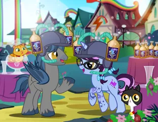 Size: 1100x850 | Tagged: safe, artist:pixelkitties, derpibooru import, derp cat, trixie, oc, oc:pixelkitties, oc:sharpie fume, ponified, bat pony, cat, pony, unicorn, rainbow falls, alcohol, arrogant trixie ale, beer, bell, bell collar, cat bell, collar, drinking hat, female, food, hat, m.a. larson, male, mare, national beer day, punch bowl, rainbow waterfall, stallion, tattoo