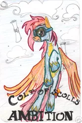 Size: 1531x2300 | Tagged: safe, artist:ciaran, derpibooru import, scootaloo, pegasus, pony, cloud, crayons, flying, goggles, older, older scootaloo, scootaloo can fly, scroll, solo, tarot card, traditional art, wonderbolt scootaloo, wonderbolts uniform