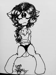 Size: 960x1280 | Tagged: suggestive, artist:combel, derpibooru import, oc, oc:floor bored, unofficial characters only, earth pony, pony, semi-anthro, bipedal, chest fluff, clothes, female, looking at you, monochrome, panties, solo, solo female, t-shirt, underwear