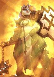 Size: 580x829 | Tagged: safe, artist:atryl, artist:theshadowscale, derpibooru import, rarity, anthro, unguligrade anthro, unicorn, animated, armor, badass rarity, crepuscular rays, crossover, crusader, cute, diablo, diablo 3, fantasy class, female, flail, frown, gauntlet, glare, greaves, knight, paladin, pauldron, shield, solo, warrior, weapon