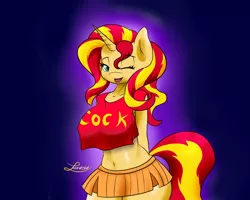 Size: 2500x2000 | Tagged: anthro, arm behind back, artist:lordzid, belly button, bimbo, breasts, busty sunset shimmer, clothes, derpibooru import, female, looking at you, microskirt, midriff, miniskirt, pleated skirt, shirt, short skirt, skirt, slutset shimmer, solo, solo female, suggestive, sunset shimmer, vulgar, wink