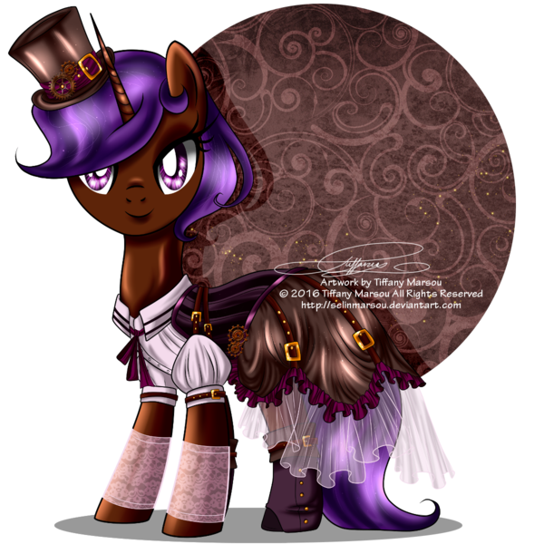 Size: 1200x1200 | Tagged: artist:tiffanymarsou, clothes, derpibooru import, dress, hat, oc, oc:eliyora, safe, solo, steampunk, top hat, unofficial characters only