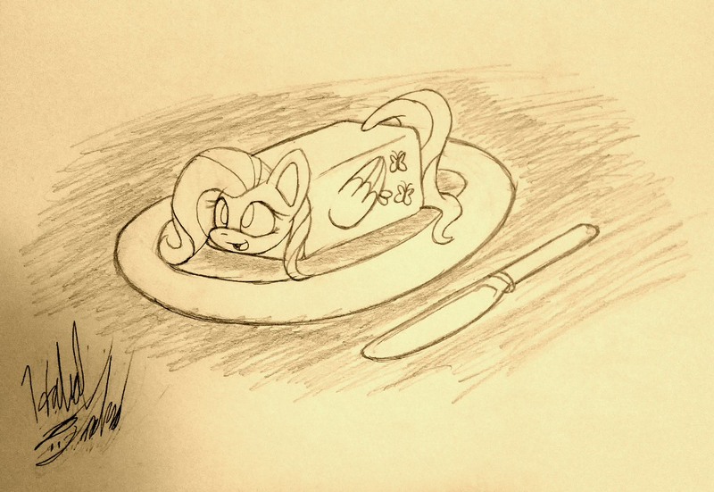 Size: 1161x800 | Tagged: artist:fuzon-s, butter, butter knife, cute, derpibooru import, flutterbutter, fluttershy, food, happy, literal buttershy, looking up, monochrome, plate, pun, safe, shyabetes, sketch, solo, traditional art, visual pun