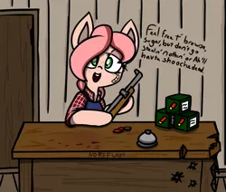 Size: 1228x1043 | Tagged: artist:coatieyay, bandaid, bell, blood, blood stains, bullet hole, caps, clothes, counter, derpibooru import, dialogue, fallout equestria, freckles, gun, oc, rifle, safe, shopkeeper, solo, unofficial characters only, vendor, weapon