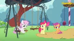 Size: 1600x900 | Tagged: apple bloom, cutie mark crusaders, derpibooru import, discovery family logo, on your marks, safe, scootaloo, screencap, sweetie belle, swing