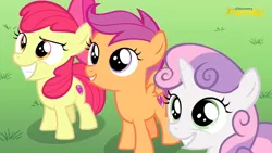 Size: 1600x900 | Tagged: apple bloom, cutie mark crusaders, derpibooru import, discovery family logo, on your marks, safe, scootaloo, screencap, smiling, sweetie belle