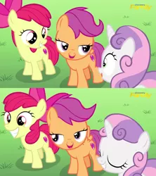 Size: 1280x1440 | Tagged: apple bloom, cutie mark crusaders, derpibooru import, discovery family logo, excited, eyes closed, lidded eyes, on your marks, out of context, safe, scootaloo, screencap, sweetie belle