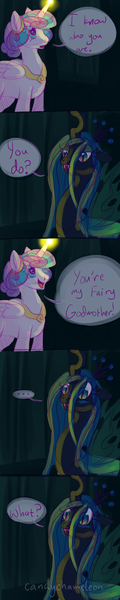 Size: 600x3010 | Tagged: safe, artist:candychameleon, derpibooru import, princess flurry heart, queen chrysalis, alicorn, changeling, changeling queen, pony, ..., auntie chrissy, blushing, comic, cute, cutealis, fairy godmother, female, flurrybetes, maleficent, older