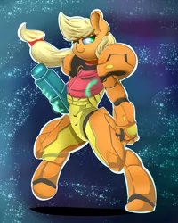 Size: 3000x3750 | Tagged: anthro, applejack, applesamus, armor, artist:madacon, bipedal, crossover, derpibooru import, metroid, metroid prime, nintendo, safe, samus aran, solo, unguligrade anthro