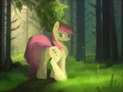 Size: 2430x1823 | Tagged: safe, artist:fuzzyfox11, derpibooru import, roseluck, fluffy, forest, looking at you, looking back, plot, solo