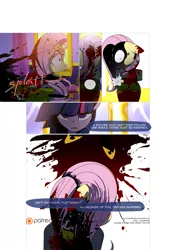 Size: 3541x5016 | Tagged: grimdark, artist:gashiboka, derpibooru import, fluttershy, twilight sparkle, twilight sparkle (alicorn), alicorn, pegasus, pony, comic:recall the time of no return, blood, comic, guilt trip, implied death, implied murder, patreon, patreon logo, tyrant sparkle