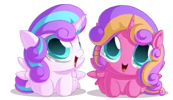 Size: 1037x601 | Tagged: safe, artist:berrypawnch, derpibooru import, princess flurry heart, princess skyla, pony, baby, baby pony, berrypawnch is trying to murder us, crystal sisters, cute, flurrybetes, foal, simple background, skylabetes, transparent background