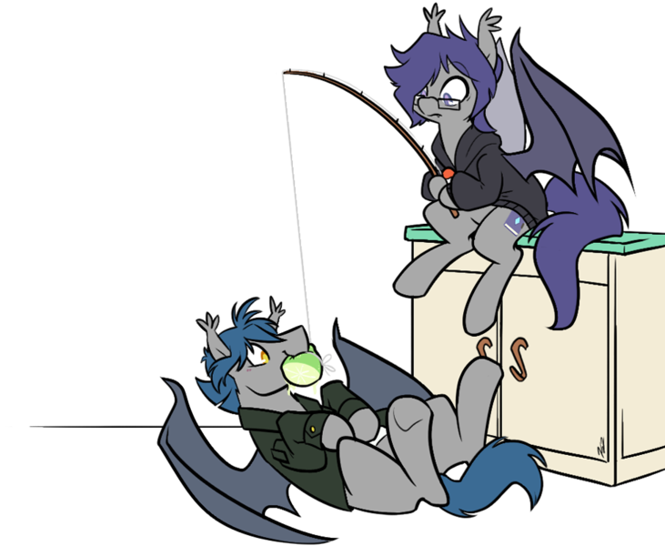 Size: 972x798 | Tagged: safe, artist:egophiliac, derpibooru import, oc, oc:dusk rhine, oc:racket rhine, unofficial characters only, bat pony, pony, bait, behaving like a fish, biting, brothers, clothes, confused, counter, cute, duo, ear tufts, fishing, fishing rod, frown, fruit, glasses, hoodie, jacket, juice, lime, male, messy mane, nom, ocbetes, on back, sitting, smiling, spread wings, stallion, underhoof, wide eyes, wings