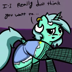 Size: 1050x1050 | Tagged: suggestive, artist:davierocket, derpibooru import, lyra heartstrings, pony, unicorn, blushing, clothes, daisy dukes, dock, earring, featureless crotch, female, looking back, piercing, shorts, skimpy outfit, solo, solo female, tights, tumblr