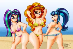 Size: 3000x2000 | Tagged: suggestive, artist:aleximusprime, derpibooru import, adagio dazzle, aria blaze, sonata dusk, human, equestria girls, armpits, ass, belly button, bikini, blue swimsuit, breasts, busty adagio dazzle, busty aria blaze, chubby, cleavage, clothes, curvy, cutie mark swimsuit, female, human coloration, humanized, image, large butt, one eye closed, panties, pink swimsuit, png, sonata donk, swimsuit, the dazzlings, thong, thong swimsuit, thunder thighs, underwear, wide hips, wink, yellow swimsuit