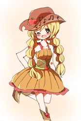 Size: 812x1215 | Tagged: safe, artist:lotte, derpibooru import, applejack, equestria girls, friendship through the ages, blushing, country applejack, humanized, sleeveless, solo