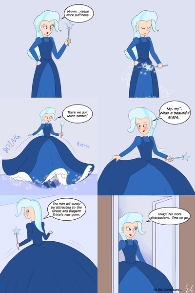Size: 2700x4050 | Tagged: artist:egstudios93, clothes, derpibooru import, dress, gown, human, humanized, impossibly large dress, magic, safe, solo, speech bubble, trixie, wand