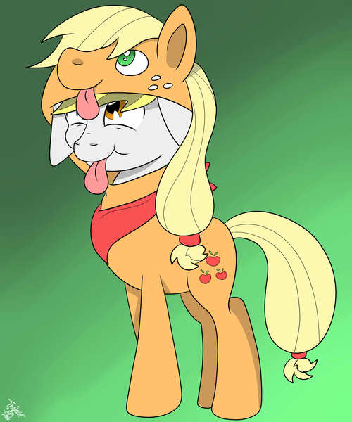 Size: 2500x3000 | Tagged: safe, artist:theartistsora, derpibooru import, applejack, oc, oc:snowy sprinkles, commission, cute, tongue out