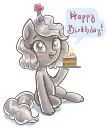 Size: 767x894 | Tagged: artist:mcponyponypony, cake, carrot cake, cute, derpibooru import, element pony, food, happy birthday, object pony, oc, oc:nickel, original species, ponified, safe, solo, unofficial characters only