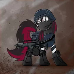 Size: 1500x1500 | Tagged: safe, artist:theomegaridley, derpibooru import, oc, oc:electra sparks, unofficial characters only, earth pony, pony, armor, clothes, female, g36c, gun, helmet, mare, rainbow six, rainbow six siege, solo, weapon