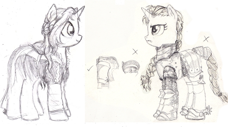 Size: 1447x808 | Tagged: safe, artist:wisdom-thumbs, derpibooru import, oc, unofficial characters only, pony, unicorn, armor, clothes, dress, fantasy class, female, knight, mare, monochrome, pencil drawing, sketch, swordpony, traditional art, warrior