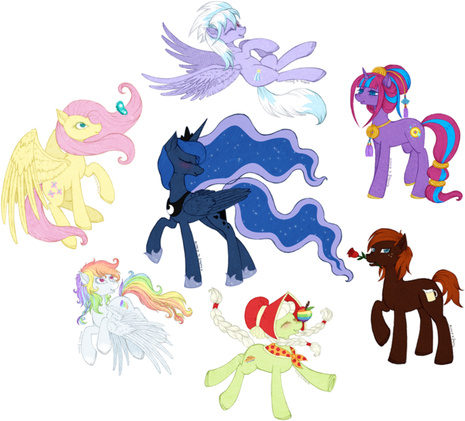 Size: 1024x927 | Tagged: apple, artist:tinuleaf, blushing, butterfly, cloudchaser, derpibooru import, eyes closed, flower, fluttershy, food, granny smith, oc, oc:black velvet, oc:bonne fortune, oc:white whirl, offspring, parent:rainbow dash, parent:soarin', parents:soarindash, princess luna, rose, safe, young granny smith, zap apple