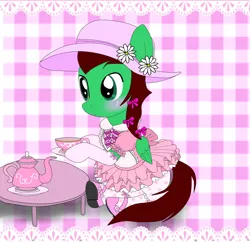 Size: 3200x3100 | Tagged: artist:avchonline, clothes, crossdressing, cute, derpibooru import, dress, flower, food, hat, oc, oc:northern haste, request, ribbon, safe, shoes, tea, teacup, tea party, teapot, tutu, unofficial characters only