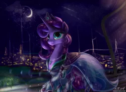 Size: 1200x877 | Tagged: safe, artist:eriadu, derpibooru import, princess luna, alicorn, pony, alternate hairstyle, city, clothes, dress, necklace, night, smiling, solo, stars