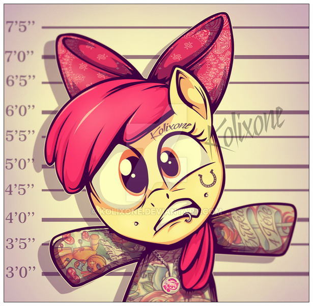 Size: 800x781 | Tagged: apple bloom, artist:kolixone, derpibooru import, lip piercing, mugshot, piercing, safe, solo, tattoo, watermark