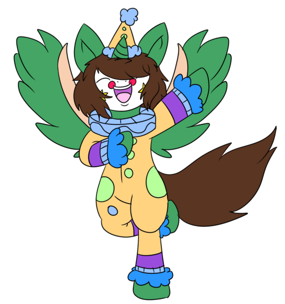 Size: 712x760 | Tagged: safe, artist:fairyfilly, derpibooru import, oc, oc:frost d. tart, unofficial characters only, alicorn, pony, alicorn oc, bipedal, clown, eyes closed, male, smiling, solo