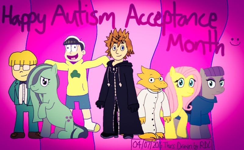 Size: 1024x631 | Tagged: alphys, artist:fester1124, autism, autism acceptance month, autistic fluttershy, autistic marble, autistic maud, crossover, derpibooru import, earthbound, fluttershy, group, headcanon, jeff andonuts, jyushimatsu, kingdom hearts, marble pie, maud pie, neurodivergent headcanon, osomatsu-san, roxas, safe, undertale