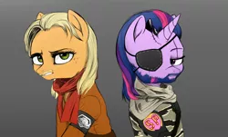 Size: 1660x1000 | Tagged: safe, artist:supermare, derpibooru import, applejack, twilight sparkle, earth pony, pony, unicorn, beard, camouflage, clothes, crossover, duo, eyepatch, facial hair, freckles, frown, gray background, gritted teeth, heart, lidded eyes, metal gear, metal gear solid 5, moustache, revolver ocelot, scar, scarf, simple background, stitches, venom snake