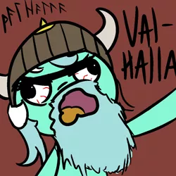 Size: 1050x1050 | Tagged: artist:davierocket, beard, derpibooru import, elder futhark, futhark, helmet, lyra heartstrings, reaction image, runes, safe, simple background, solo, valhalla, viking, yelling