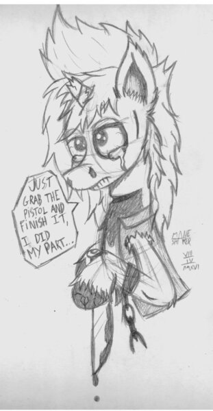 Size: 644x1242 | Tagged: artist:mane-shaker, beaten up, black eye, broken horn, bruised, chains, derpibooru import, grimdark, knife, monochrome, oc, oc:mane shaker, sad, solo, suicide, traditional art, unofficial characters only