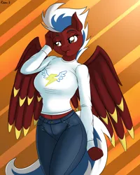 Size: 3200x4000 | Tagged: anthro, anthro oc, artist:ziemniax, belly button, big breasts, breasts, clothes, derpibooru import, female, jeans, midriff, oc, oc:thunderstreak, pants, pegasus, safe, shirt, short shirt, solo, unofficial characters only, wonderbolts logo