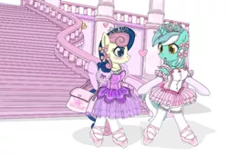 Size: 580x398 | Tagged: safe, artist:avchonline, derpibooru import, bon bon, lyra heartstrings, sweetie drops, pony, bipedal, canterlot royal ballet academy, clothes, dress, female, frilly, heart, lesbian, lyrabon, pink, purse, shipping, stairs, tiara, tutu, walking