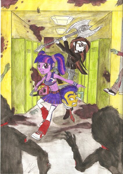 Size: 1024x1454 | Tagged: grimdark, artist:metaldudepl666, derpibooru import, flash sentry, twilight sparkle, zombie, equestria girls, axe, badass, belly button, blood, chainsaw, cheerleader, cheerleader outfit, disembodied head, female, flashlight, grimderp, guitar, juliet starling, lollipop chainsaw, male, metal as fuck, midriff, nick carlyle, self insert, shipping, sneakers, straight, traditional art, voice actor joke, weapon