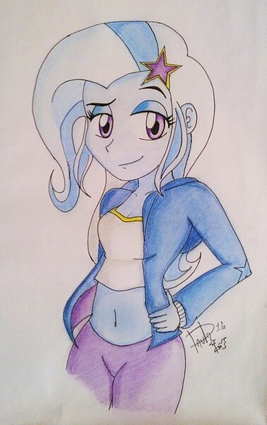 Size: 510x810 | Tagged: safe, artist:suicidemachine363, derpibooru import, trixie, equestria girls, belly button, midriff, solo, traditional art