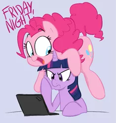 Size: 575x612 | Tagged: safe, artist:shoutingisfun, derpibooru import, pinkie pie, twilight sparkle, earth pony, pony, unicorn, angry, computer, dialogue, female, friday night, laptop computer, mare, open mouth, twilight is not amused, unamused