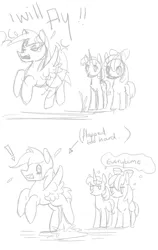 Size: 732x1160 | Tagged: accident, angry, apple bloom, artist:pockypocky, cartoon, chicken, comic, cutie mark crusaders, derpibooru import, fail, flame eyes, flight, monochrome, need to pee, omorashi, pissing, potty time, rage, scootaloo, scootaloo can't fly, short, standing, suggestive, sweetie belle, urine, wetting