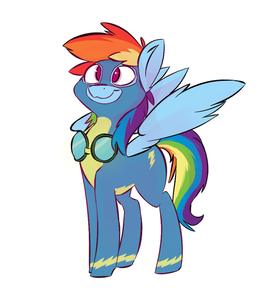 Size: 882x944 | Tagged: artist:cider, clothes, cross-eyed, cute, derpibooru import, goggles, proud, rainbow dash, safe, simple background, solo, white background, wonderbolts uniform