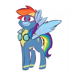 Size: 882x944 | Tagged: artist:cider, clothes, cross-eyed, cute, derpibooru import, goggles, proud, rainbow dash, safe, simple background, solo, white background, wonderbolts uniform