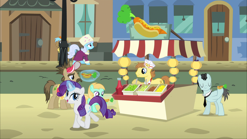 Size: 1920x1080 | Tagged: safe, derpibooru import, screencap, bruce mane, globe trotter, linky, rarity, rosy gold, shoeshine, wetzel, pony, rarity takes manehattan, background pony, carrot, carrot dog, food, glowing horn, magic, prince shoeshine, telekinesis